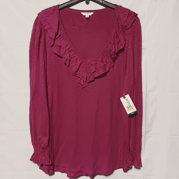 Terra & Sky NWT Women's V-neck Ruffle Tunic, Pink, Lightweight Long Sleeve - Picture 1 of 9